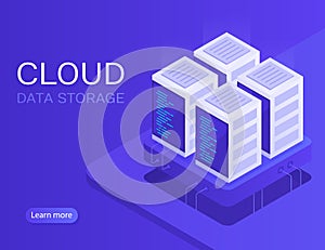 Hosting concept with cloud data storage and server room. Server rack. Modern Vector illustration in Isometric style