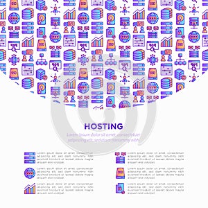 Hosting concept with thin line icons: VPS, customer support, domain name, automated backup, SSD, control panel, secure server,