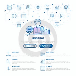 Hosting concept with thin line icons: VPS, customer support, domain name, automated backup, SSD, control panel, secure server,