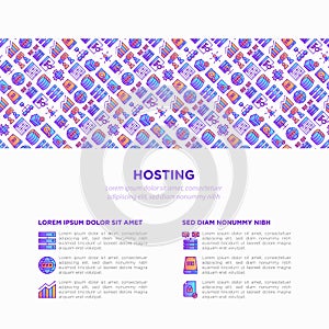 Hosting concept with thin line icons: VPS, customer support, domain name, automated backup, SSD, control panel, secure server,
