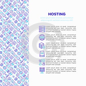 Hosting concept with thin line icons: VPS, customer support, domain name, automated backup, SSD, control panel, secure server,