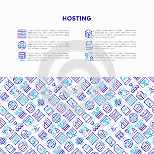 Hosting concept with thin line icons: VPS, customer support, domain name, automated backup, SSD, control panel, secure server,