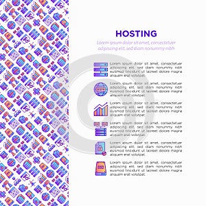 Hosting concept with thin line icons: VPS, customer support, domain name, automated backup, SSD, control panel, secure server,