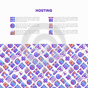 Hosting concept with thin line icons: VPS, customer support, domain name, automated backup, SSD, control panel, secure server,