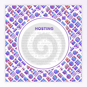 Hosting concept with thin line icons: VPS, customer support, domain name, automated backup, SSD, control panel, secure server,