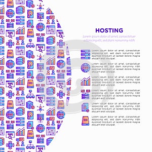 Hosting concept with thin line icons: VPS, customer support, domain name, automated backup, SSD, control panel, secure server,