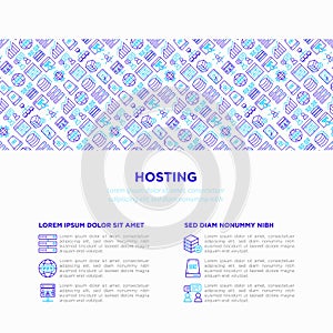 Hosting concept with thin line icons: VPS, customer support, domain name, automated backup, SSD, control panel, secure server,