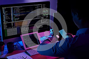 Hosting domain coder man with PC. Programming internet.