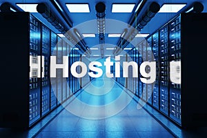 Hosting logo in large modern data center with multiple rows of network internet server racks, 3D Illustration