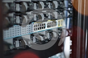 Hosting platform for modern Internet resources. Rack with server data storage equipment.