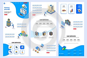 Hosting provider isometric landing page. Database support, cloud data center corporate website design template. Web