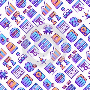 Hosting seamless pattern with thin line icons: VPS, customer support, domain name, automated backup, SSD, control panel, secure