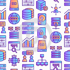Hosting seamless pattern with thin line icons: VPS, customer support, domain name, automated backup, SSD, control panel, secure