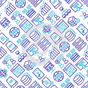 Hosting seamless pattern with thin line icons: VPS, customer support, domain name, automated backup, SSD, control panel, secure