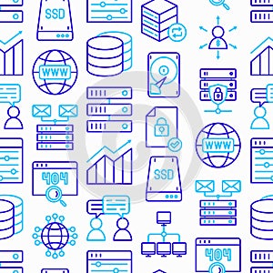 Hosting seamless pattern with thin line icons: VPS, customer support, domain name, automated backup, SSD, control panel, secure