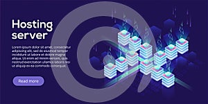 Hosting server isometric vector illustration. Abstract 3d datacenter or data center room background. Network mainframe