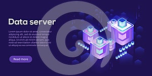 Hosting server isometric vector illustration. Abstract 3d datacenter or data center room background. Network mainframe