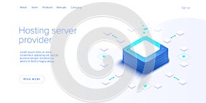 Hosting server isometric vector illustration. Abstract 3d datacenter or data center room background. Network mainframe