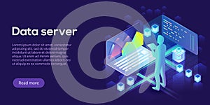 Hosting server isometric vector illustration. Abstract 3d datacenter or data center room background. Network mainframe photo