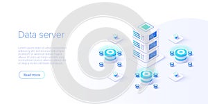 Hosting server isometric vector illustration. Abstract 3d datacenter or data center room background. Network mainframe photo