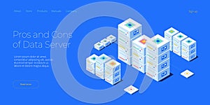 Hosting server isometric vector illustration. Abstract 3d datacenter or data center room background. Network mainframe