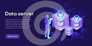 Hosting server isometric vector illustration. Abstract datacenter or blockchain with man background. Network mainframe