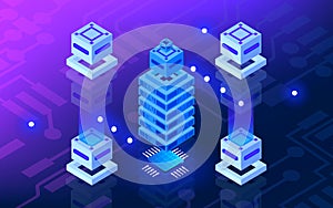 Hosting server in isometric view. Blockchain technology. Digital internet technology and communication. Host server