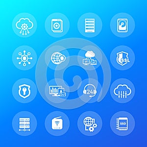 Hosting, servers and data storage icons, vector