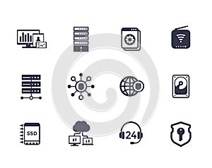 Hosting, servers, network, data storage icons