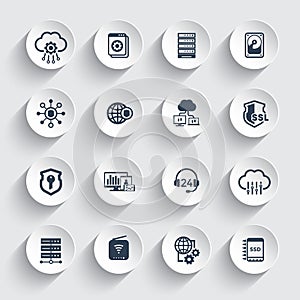 Hosting, servers, network and data storage icons