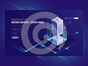 Hosting services, data center, server server room, template of page on information technologies theme sometric vector
