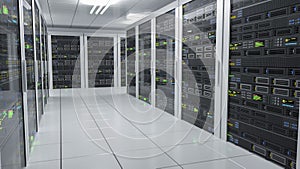 Hosting services. Servers in datacenter. 3D rendered illustration