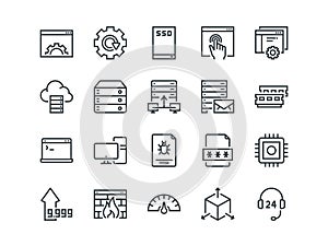 Hosting. Set of outline vector icons. Includes such as SSD Disk, Control Panel, Traffic, Firewall and other. Editable