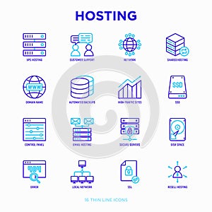 Hosting thin line icons set: VPS, customer support, domain name, automated backup, SSD, control panel, secure server, local