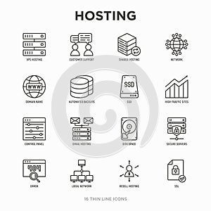 Hosting thin line icons set: VPS, customer support, domain name, automated backup, SSD, control panel, secure server, local