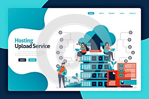 Hosting upload service landing page design. network upload database to server services, cloud, hosting. data backup and access
