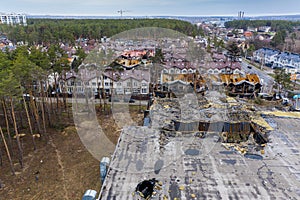 Hostomel, Kyev region Ukraine - 09.04.2022: The aerial view of the destroyed supermarket roof. The supermarket was hit by rockets