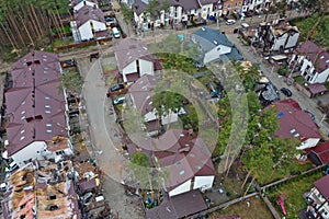 Hostomel, Kyev region Ukraine - 09.04.2022: Top view of the destroyed and burnt houses. Houses were destroyed by rockets or mines