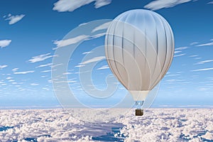 Hot air balloon, aerostat in the blue sky above the clouds. 3D rendering