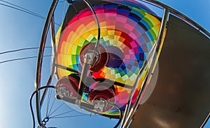 Hot air balloon or aerostat and burner equipment, close up from inside