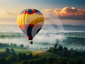 A hot air balloon against a background of a blurred landscape