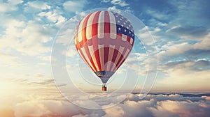 A hot air balloon, an airship flies in the clouds of the sky in the color of the flag of the United States of America.