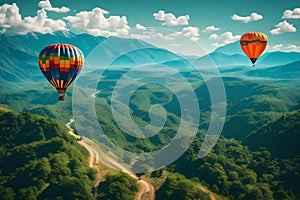 A hot air balloon ascending above a beautiful scene.