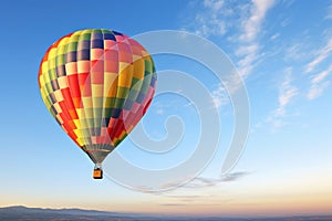 a hot air balloon ascending into a clear morning sky
