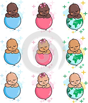 Hot air balloon babies. different races of children. everyone is equal. equality and equality. girls and boys on pink and blue bal