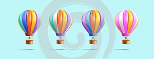 Hot Air Balloon with basket 3d render illustration, set of aerostats in different colour, soft render cartoon graphic