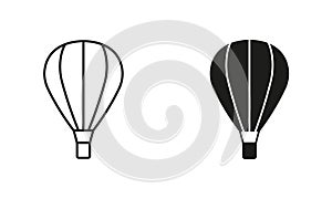 Hot Air Balloon with Basket Line and Silhouette Black Icon Set. Flight Baloon for Travel Pictogram. Fly Hotair Ballon