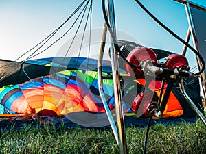Hot air balloon burner, aerostat is prepared for flight, summer aero travel