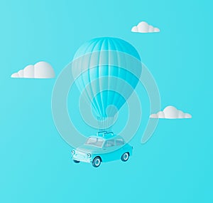 Hot air balloon with car flies in the clouds. Dream Travel Concept on pastel blue background 3D render