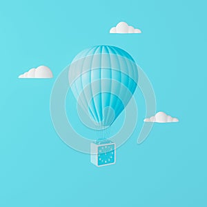 Hot air balloon with clock flies in the clouds. Time Flies Concept on pastel blue background 3D render